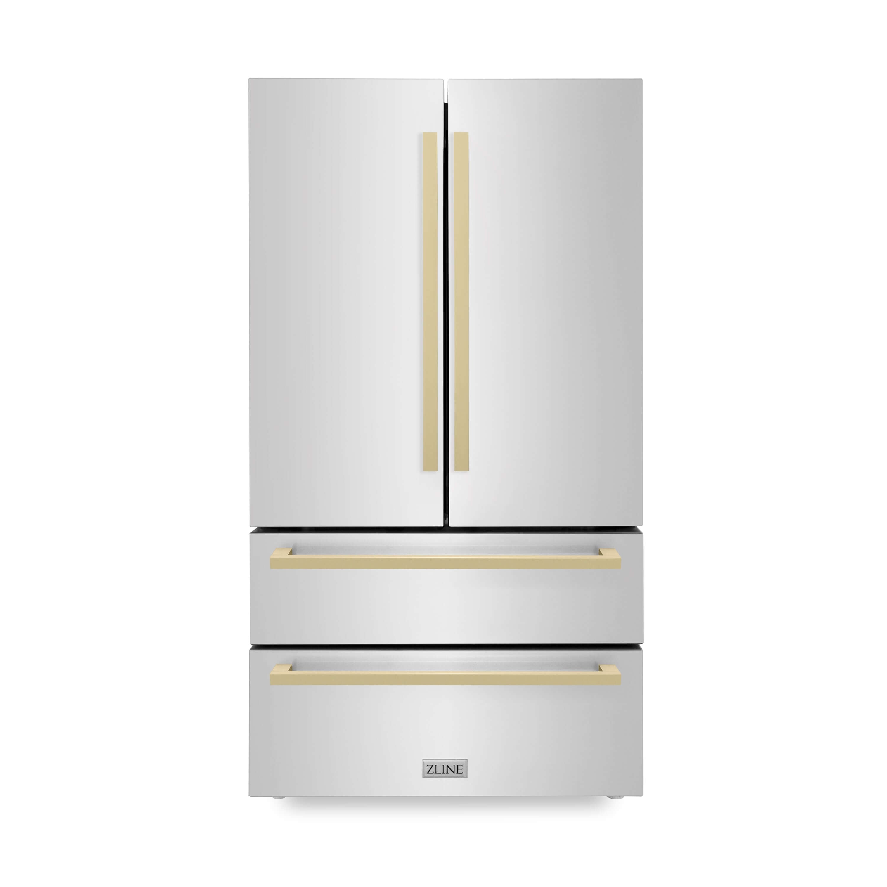 ZLINE 36 in. Autograph Edition 22.5 cu. ft 4-Door French Door Refrigerator with Ice Maker in Stainless Steel with Champagne Bronze Square Handles