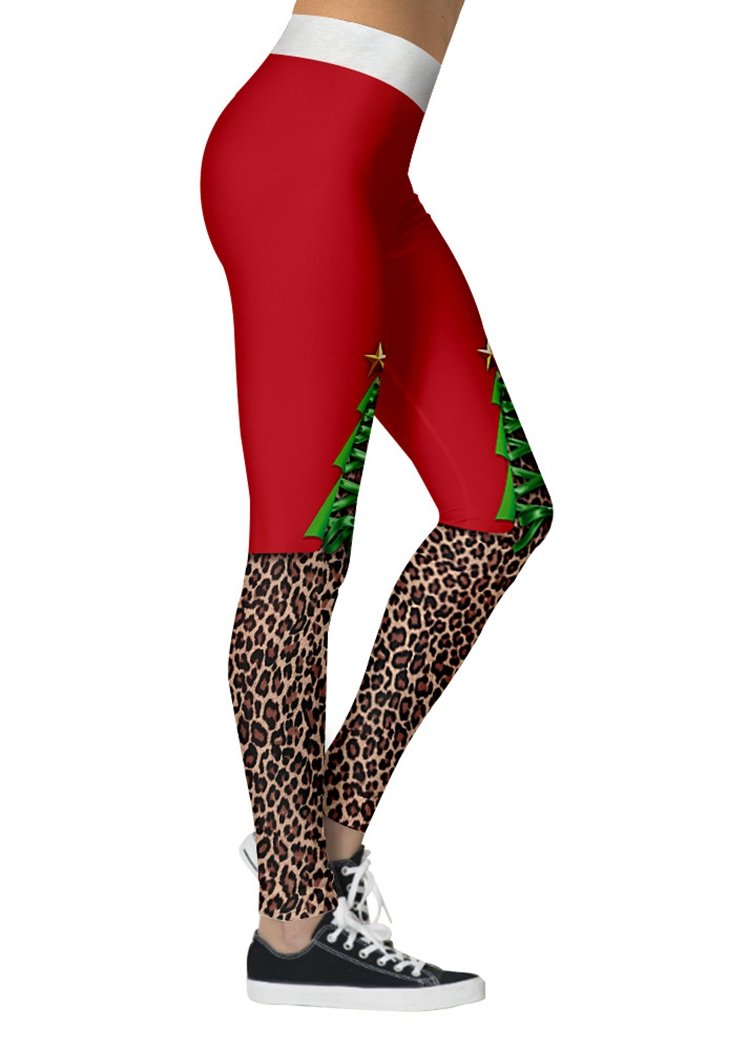 Fashion Christmas Tree Leopard Print Ankle Length Leggings for Women