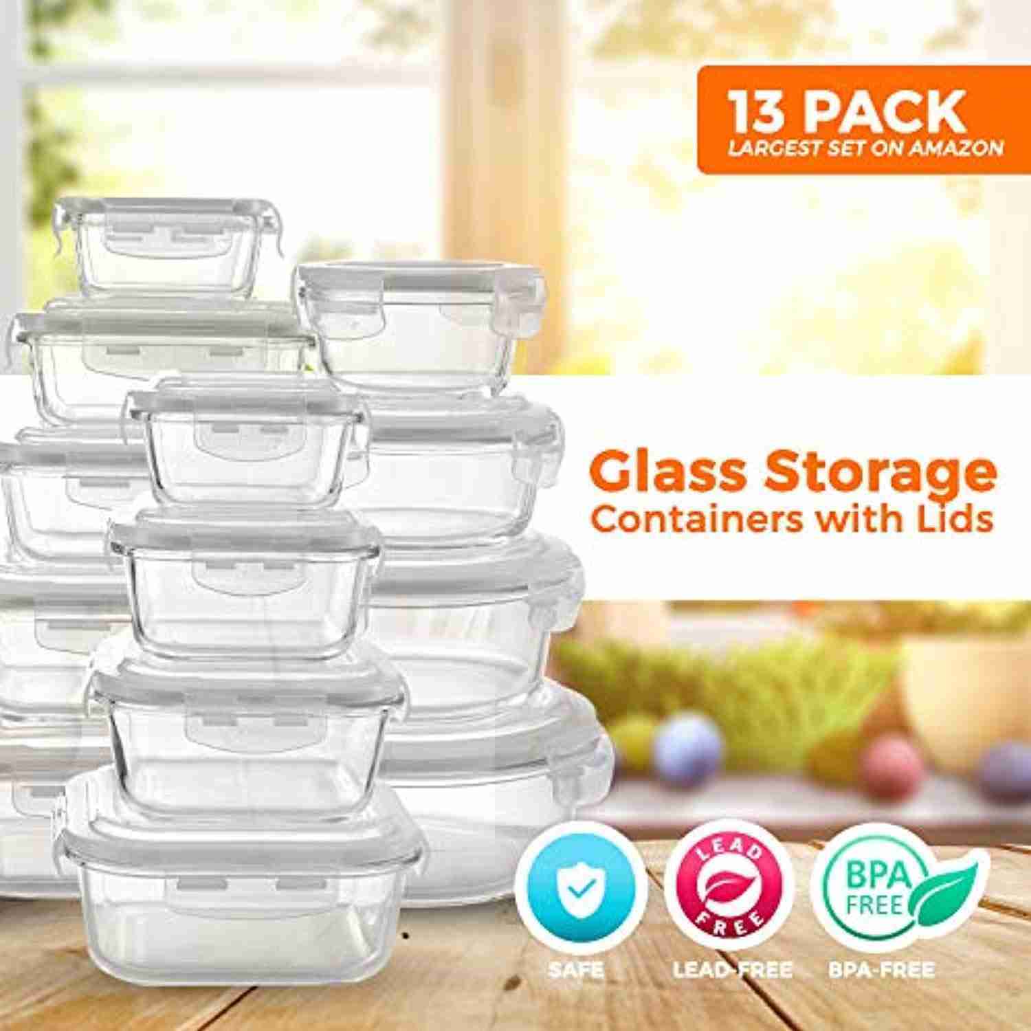 13-Piece Glass Food Storage Containers Set - Airtight, Leakproof, Microwave & Dishwasher Safe