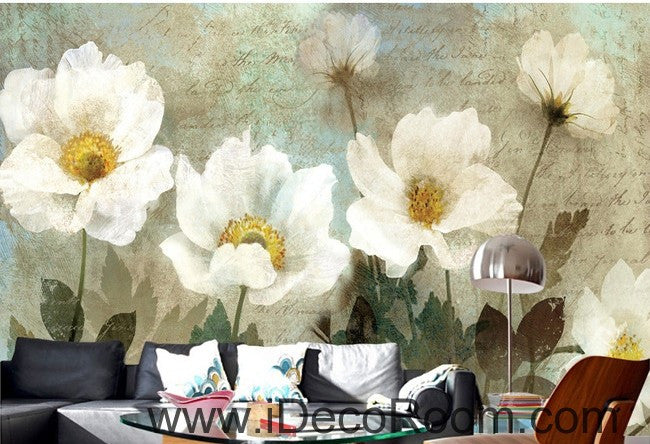 Retro White Flowers Wallpaper - Premium Wall Decals for Home Decor