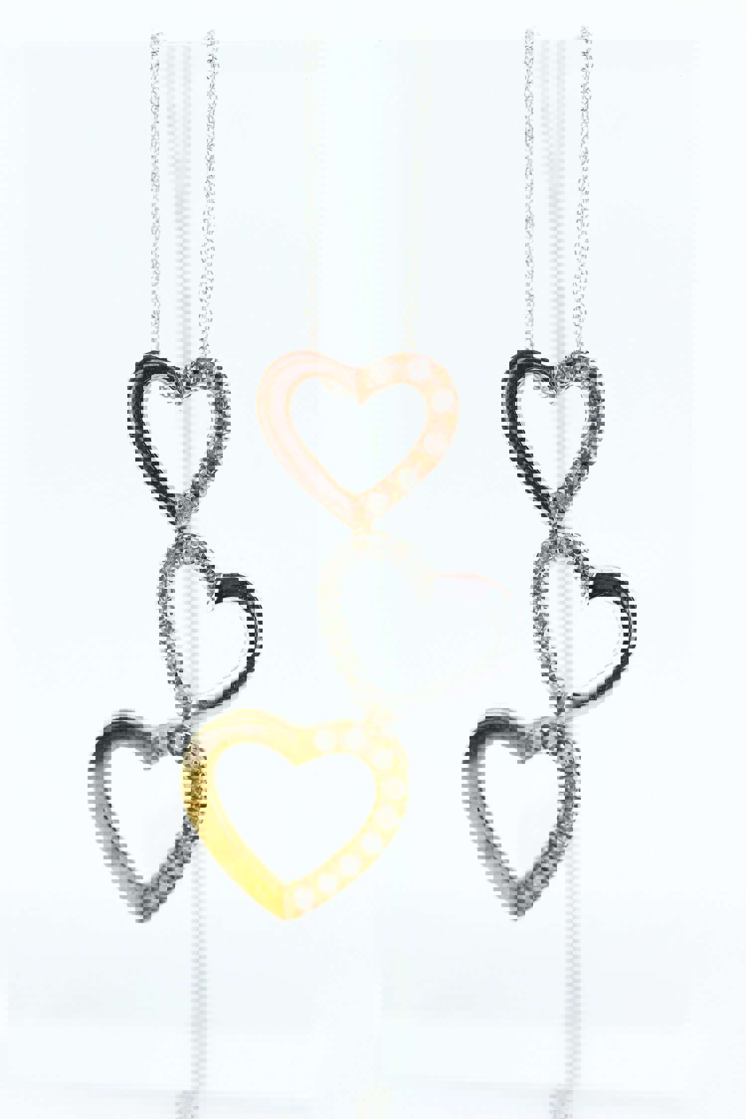 10K Tricolor Triple Open Heart Diamond Pendant with 18in Necklace