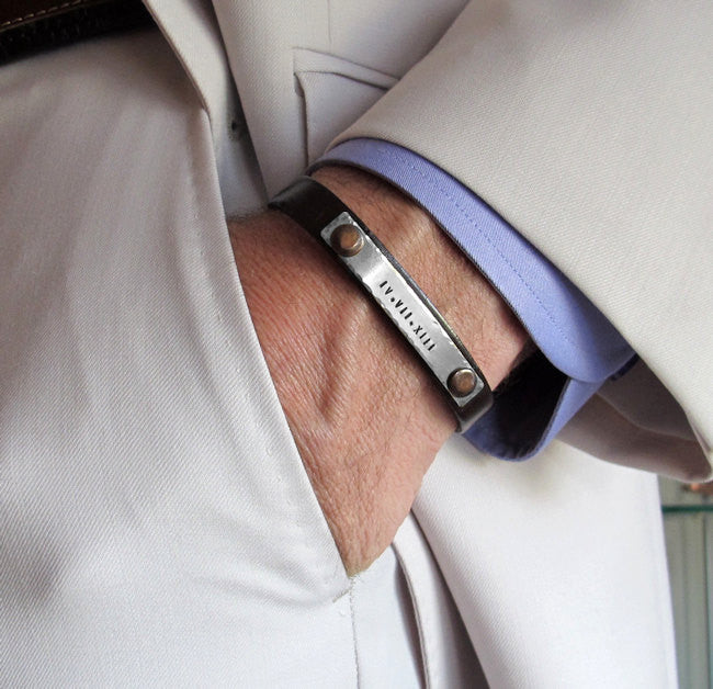 Custom Engraved Leather Bracelet for Men - Personalized Groomsmen Gift