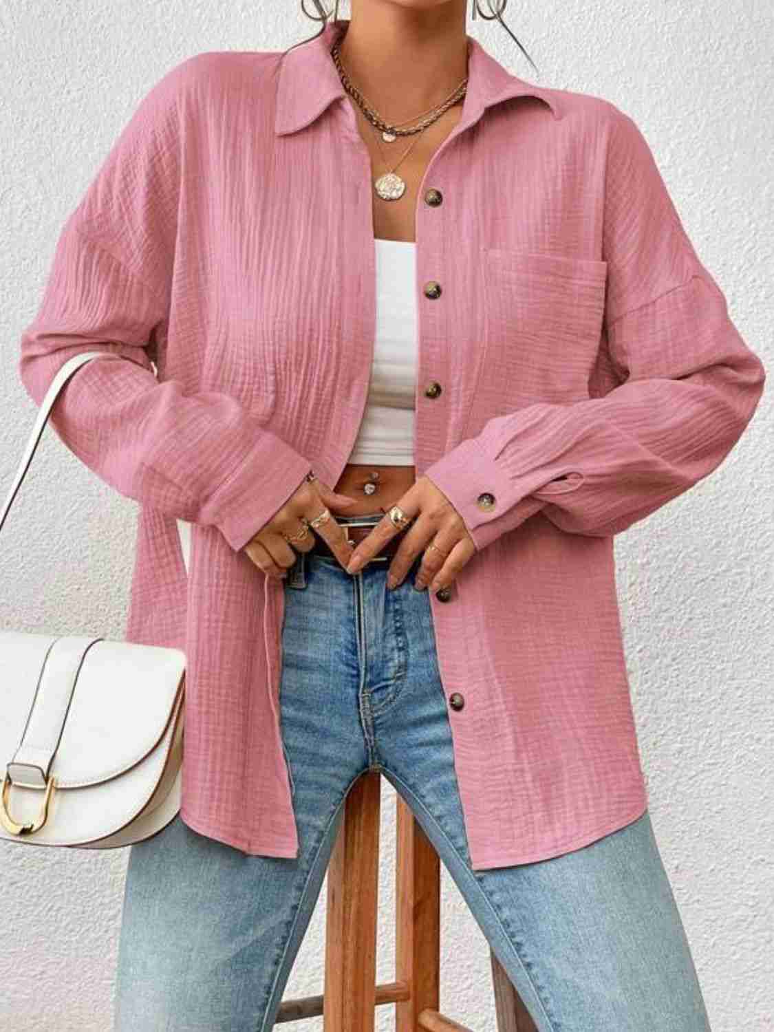 Textured Drop Shoulder Shirt Jacket - 100% Cotton