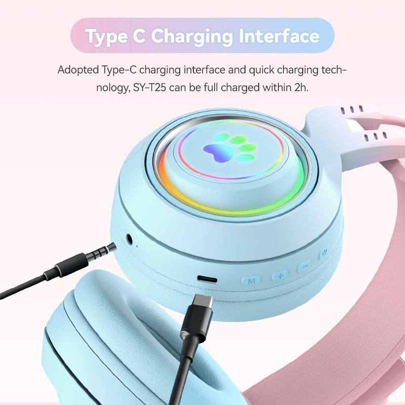 Kawaii Bluetooth Cat Headphones with Microphone