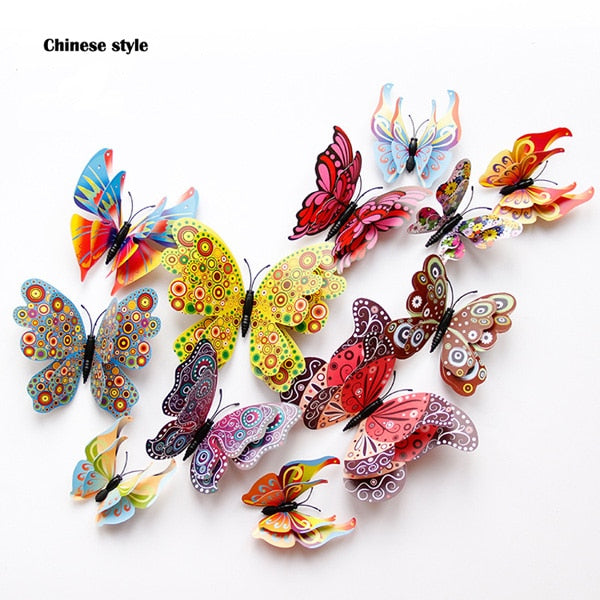 New Style 12Pcs Double Layer 3D Butterfly Wall Sticker - Home Decor