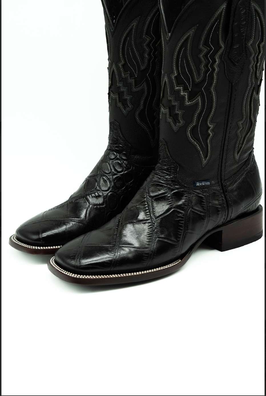 Handmade Imit Panza De Lagarto Negro Cowboy Boot - Square Toe