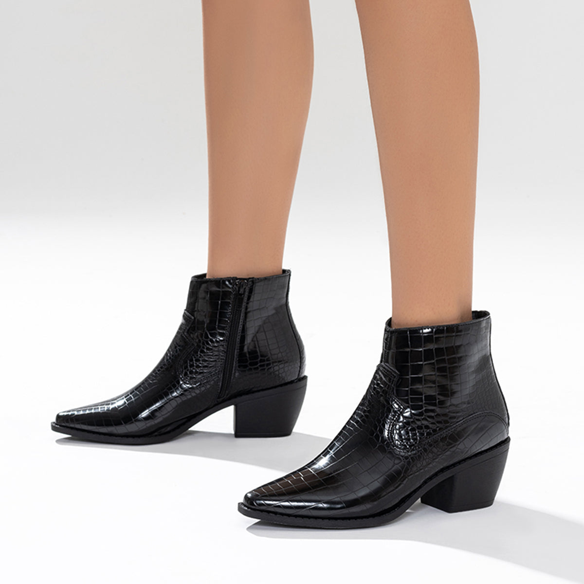 Black Western Ankle Boots with Side Zipper and Chunky Block Heel
