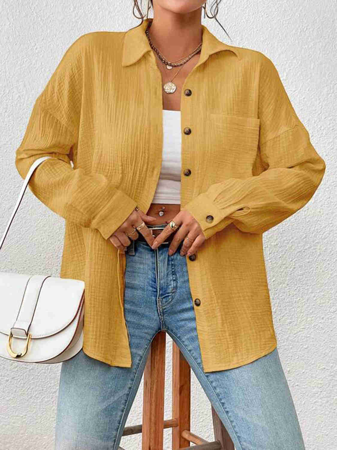 Textured Drop Shoulder Shirt Jacket - 100% Cotton