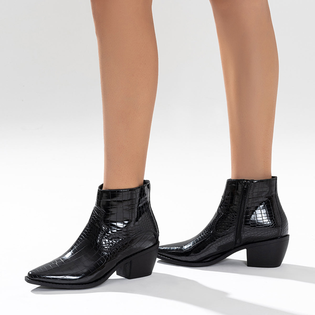 Black Western Ankle Boots with Side Zipper and Chunky Block Heel