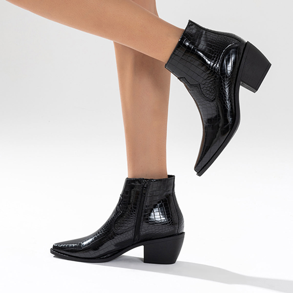 Black Western Ankle Boots with Side Zipper and Chunky Block Heel