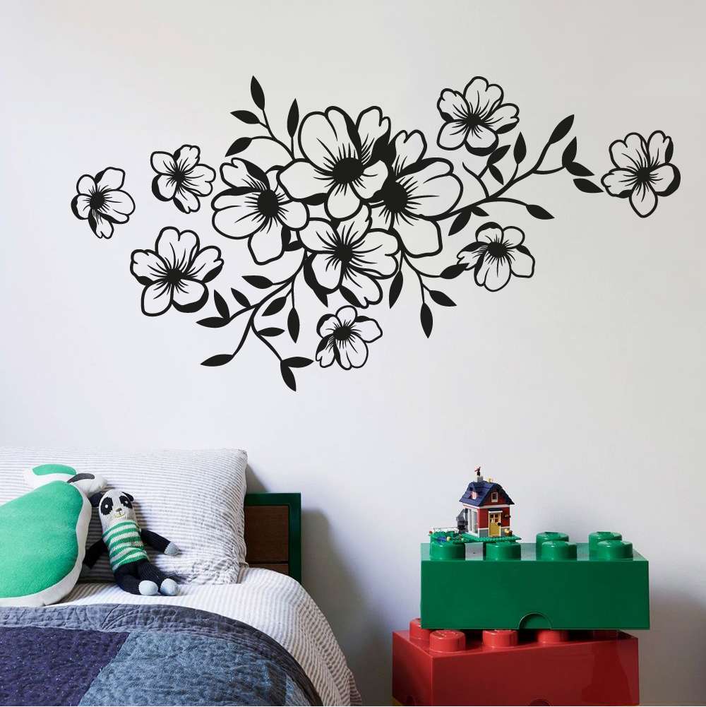 Floral Vinyl Wall Sticker - Leaves and Flowers Spring Silhouette Decal
