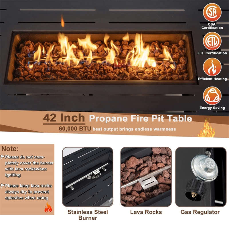 42 Rectangular Propane Fire Pit Table 60,000 BTU Gas Fire Pit with Solid Steel Frame & Waterproof Cover