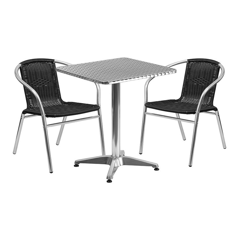 Flash Furniture 23.5 Square Aluminum Indoor-Outdoor Table Set with 2 Black Rattan Chairs