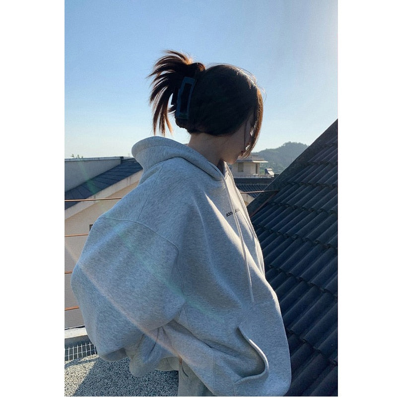 Trizchlor Korean Fashion Grey Fleece Thicken Baggy Pullover Hoodie