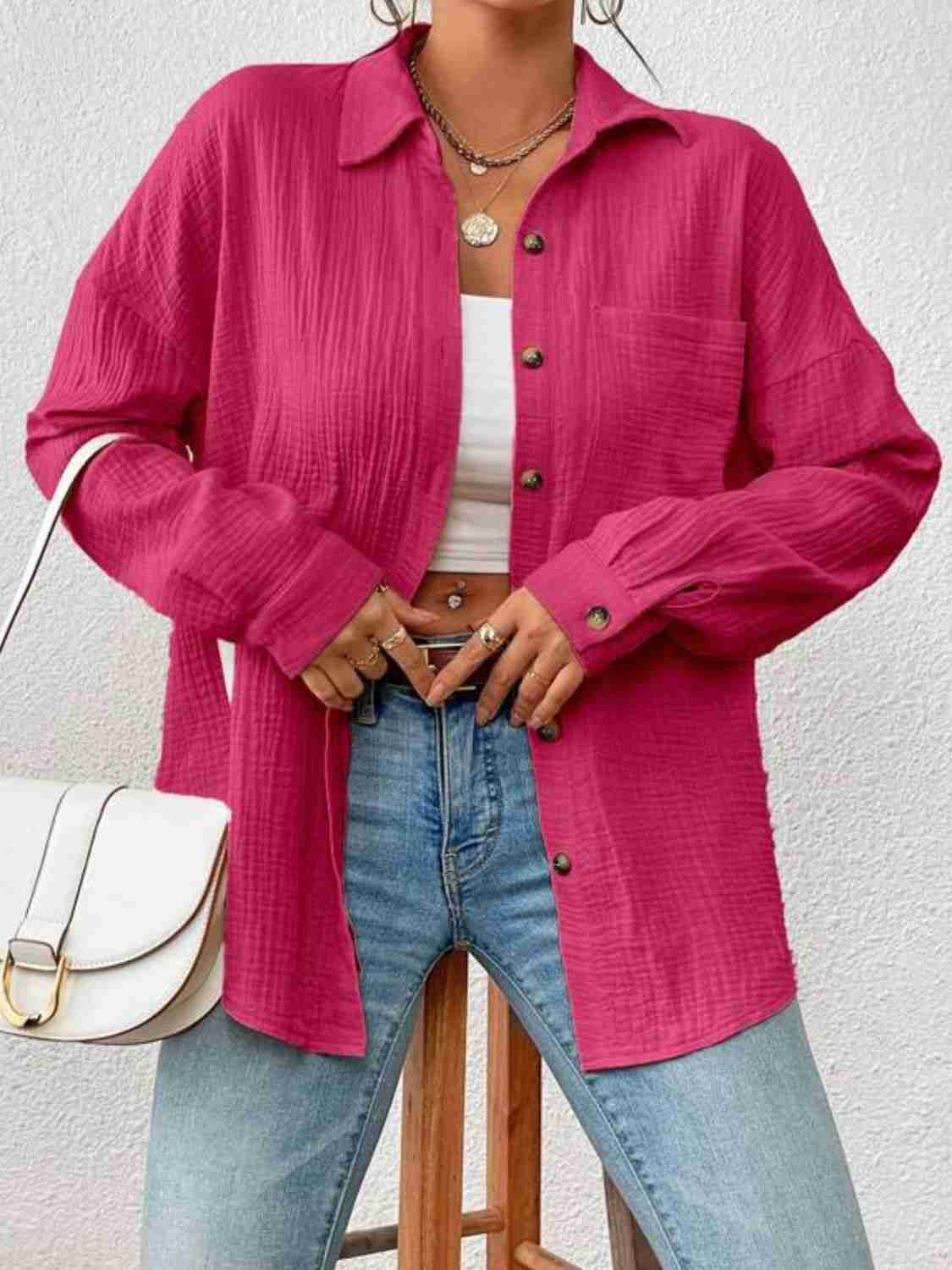 Textured Drop Shoulder Shirt Jacket - 100% Cotton