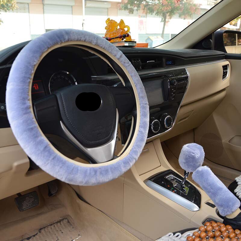 Universal Plush Car Steering Wheel Cover Winter Set - 3-Piece Fur Car Interior Accessories