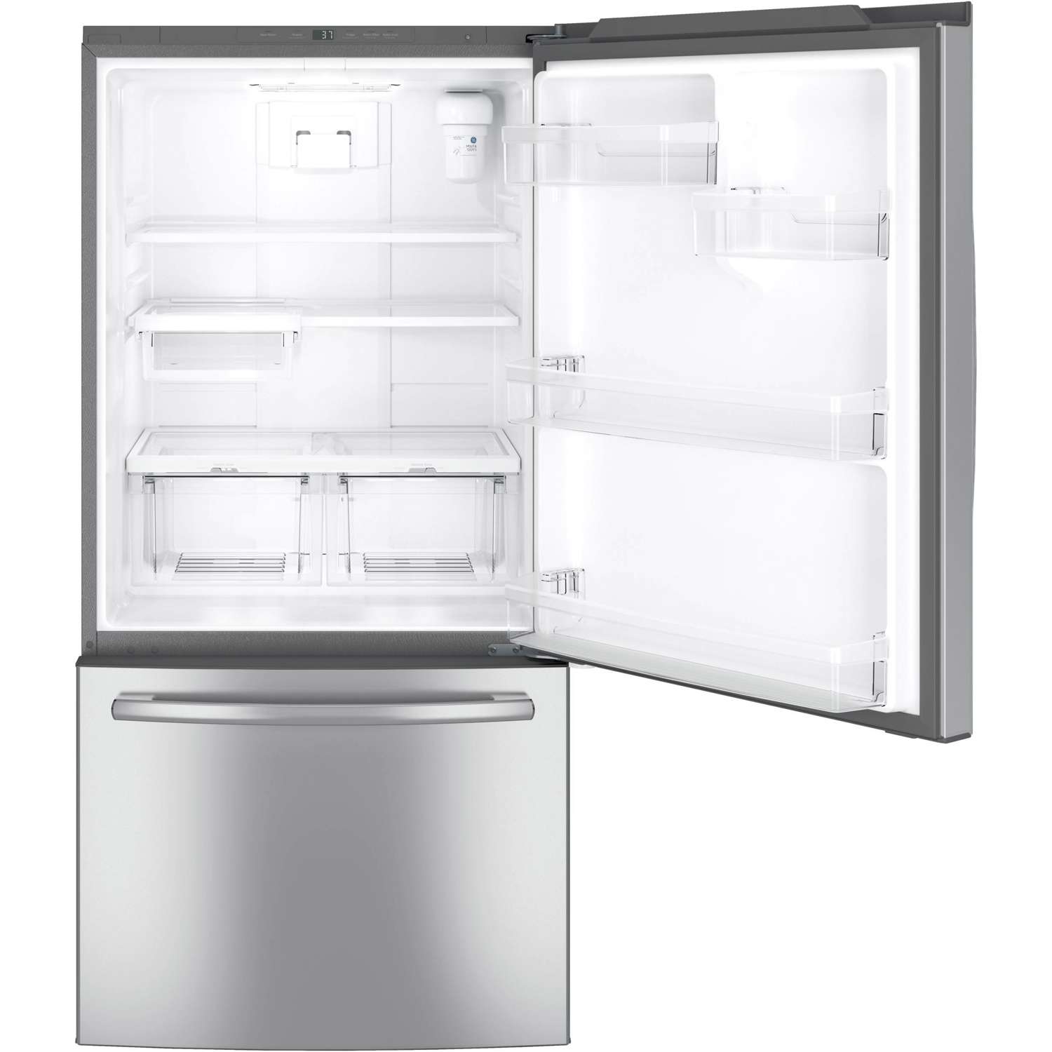GE 33-inch, 24.9 cu.ft. Bottom Freezer Refrigerator with Ice Dispenser GDE25ESKSS