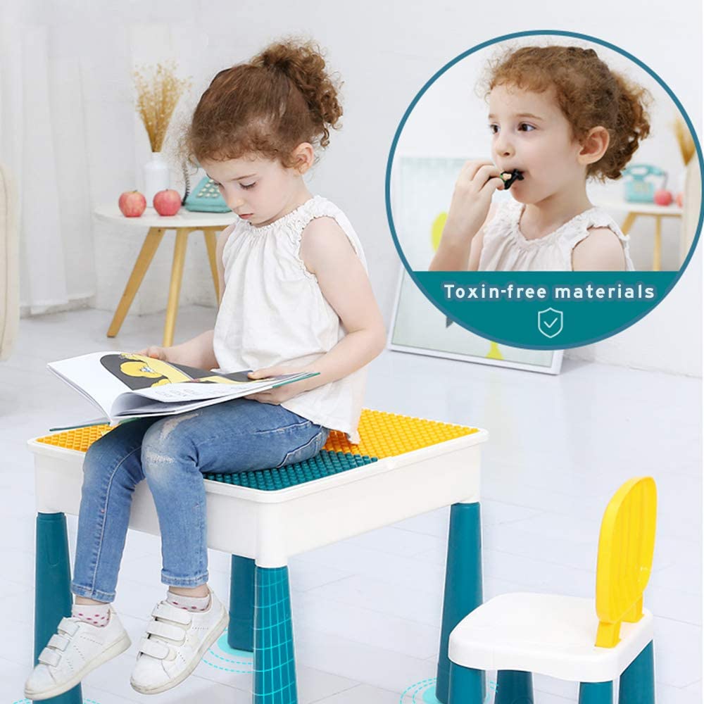 Toddler Activity Table & Chair Set - All-in-One Multi-Activity Playset with Building Blocks, Water & Sand Table for Kids 3-6 Years
