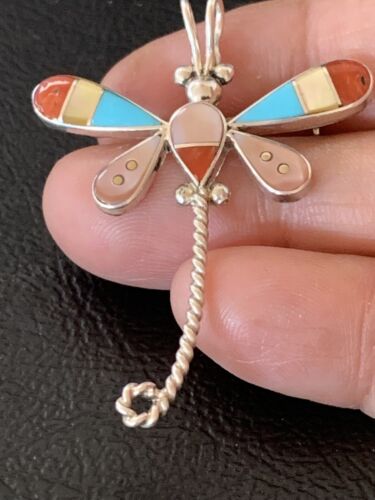 Handmade Zuni Turquoise and MOP Dragonfly Sterling Silver Pendant Necklace