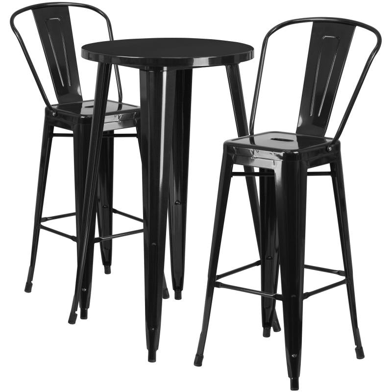 Flash Furniture Nichols Commercial Grade 24 Round Black Metal Indoor-Outdoor Bar Table Set With 2 Cafe Stools