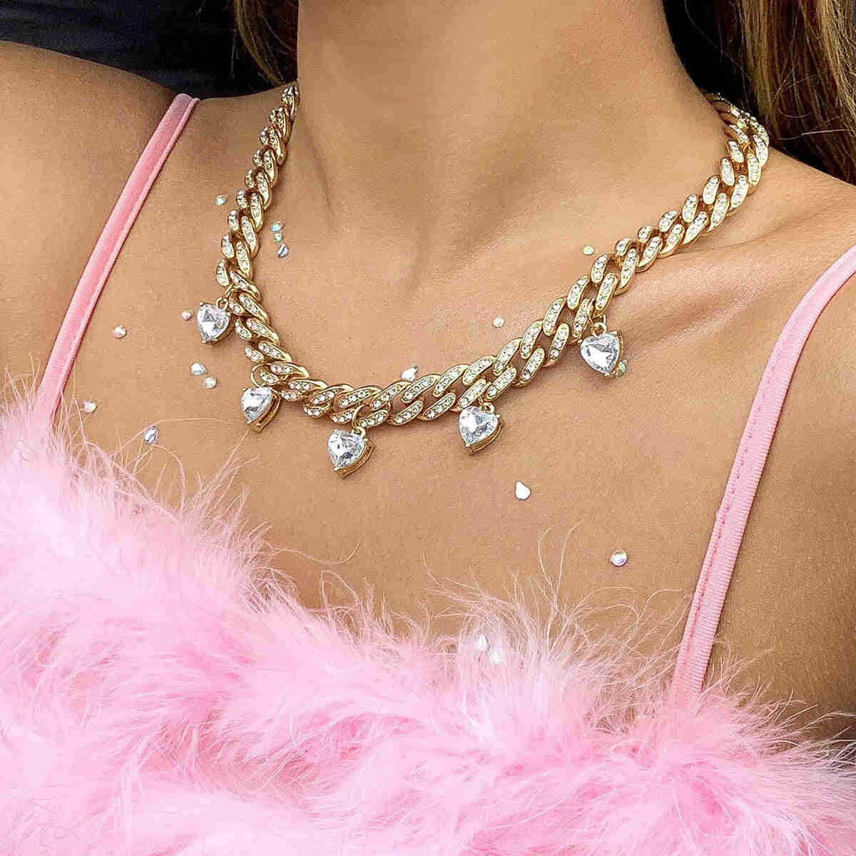 Bling Rhinestone Hip Hop Cuban Link Chain Choker Necklace for Women with Iced Out Crystal Heart Pendant
