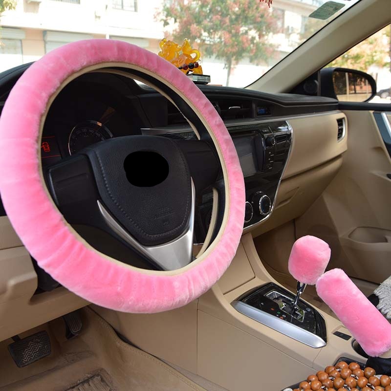 Universal Plush Car Steering Wheel Cover Winter Set - 3-Piece Fur Car Interior Accessories