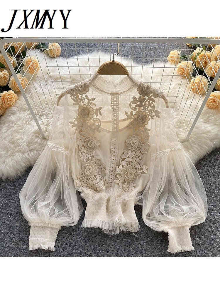 imCharms Design Niche Three-Dimensional Flower Collage Lantern Sleeves Slim Short Top Womens Lace Bottoming Shirt