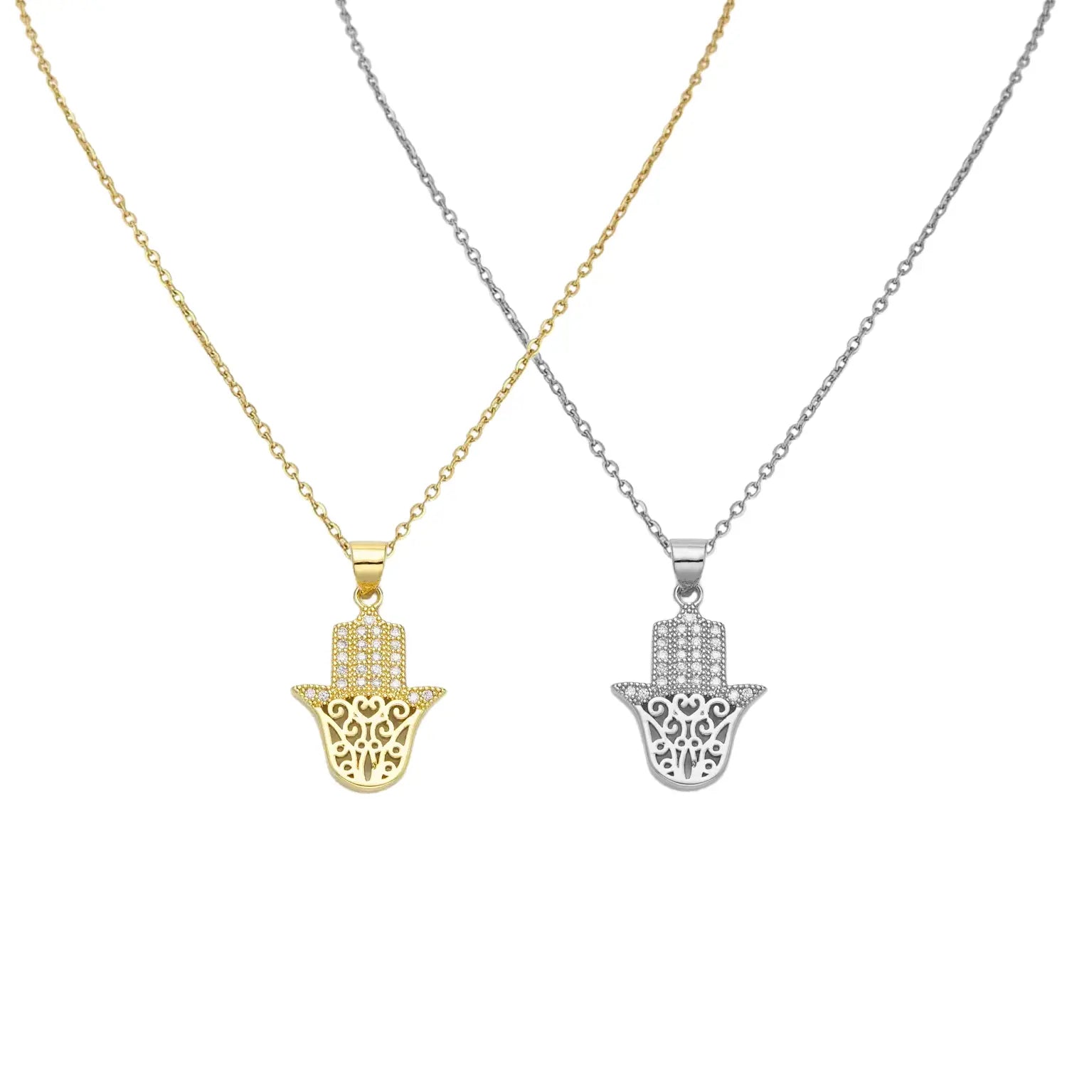 Dainty Hamsa Micro Pave Charm Necklace - 24k Gold Filled Brass or White Gold Filled Brass with Crystal Cubic Zirconia
