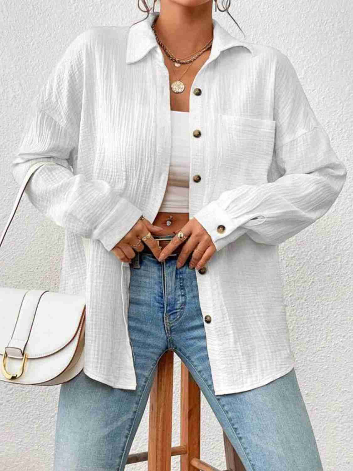 Textured Drop Shoulder Shirt Jacket - 100% Cotton