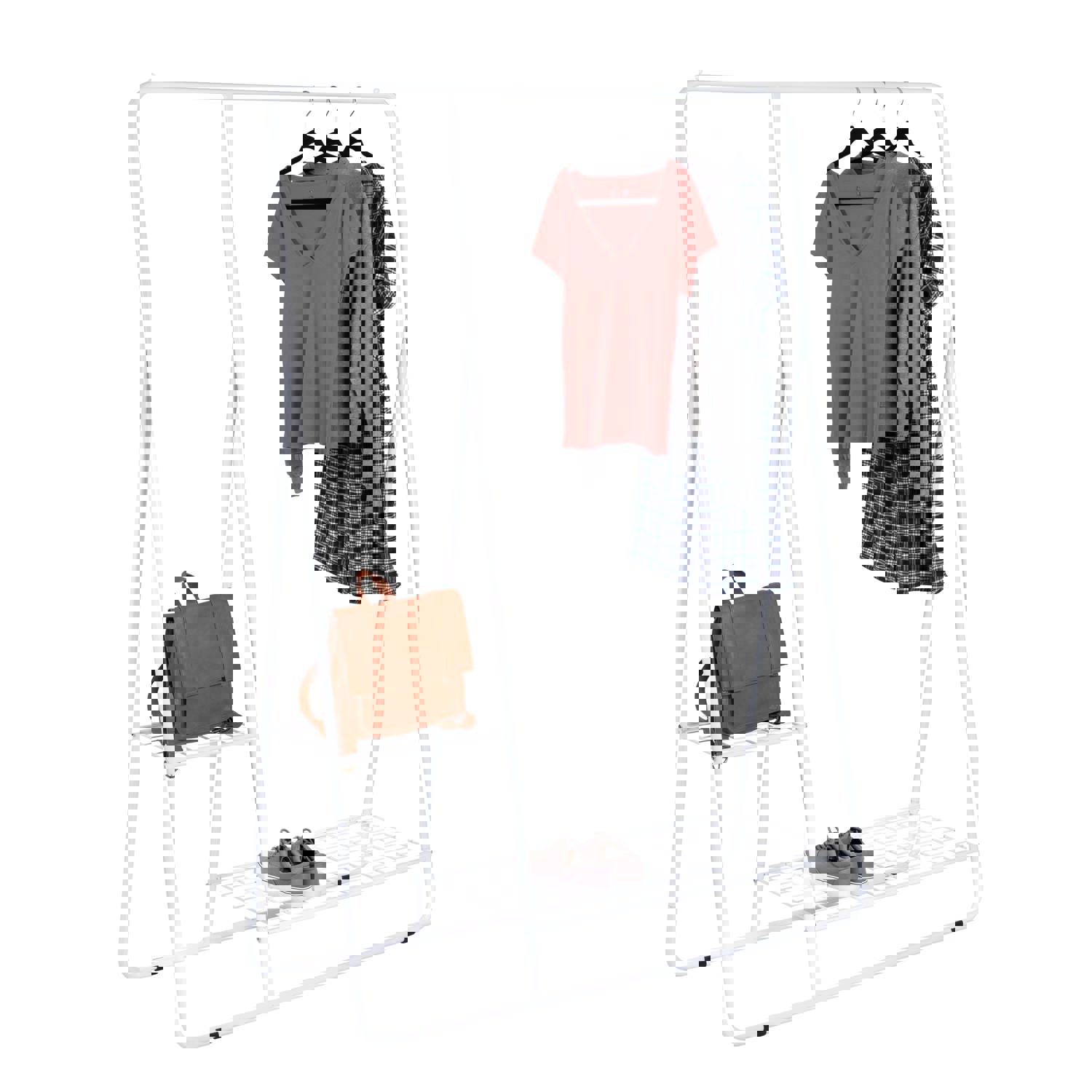 White Freestanding A-Frame Clothing Rack with Shelves and Hanging Bar