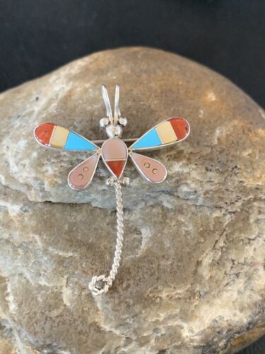Handmade Zuni Turquoise and MOP Dragonfly Sterling Silver Pendant Necklace