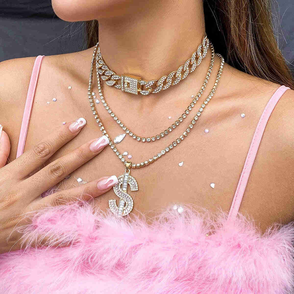 Bling Rhinestone Hip Hop Cuban Link Chain Choker Necklace for Women with Iced Out Crystal Heart Pendant