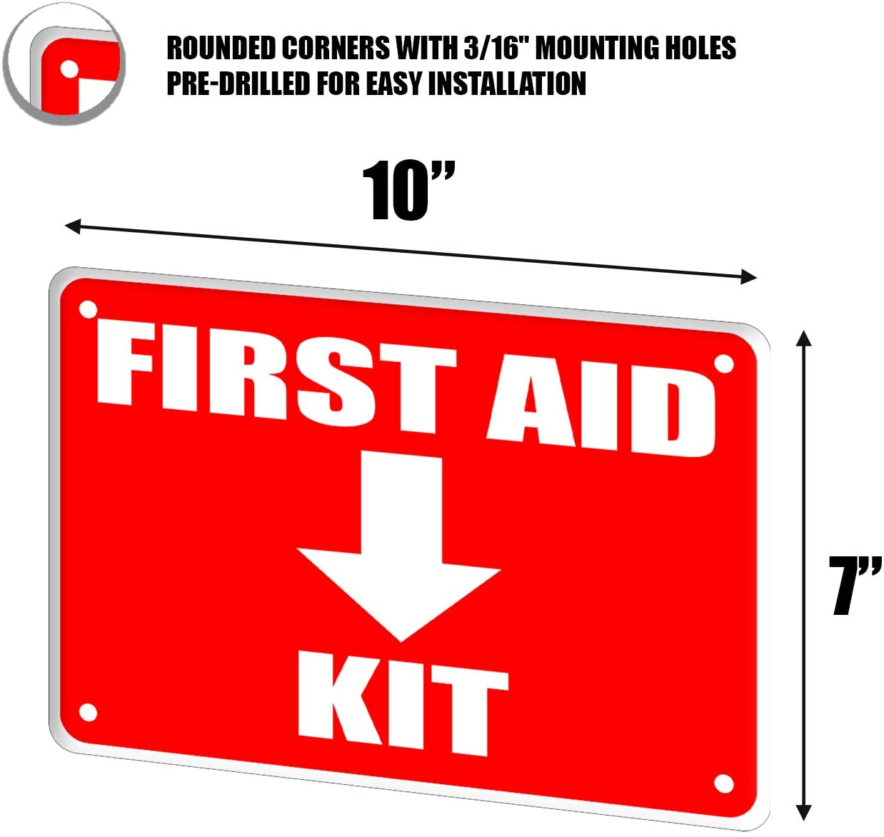 First Aid Kit Sign, Durable Plastic Safety Sign, 7 x 10 Inch, Red on White, Indoor/Outdoor Use