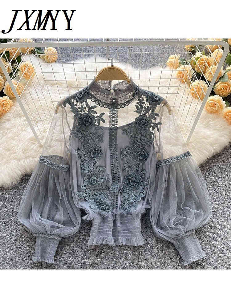 imCharms Design Niche Three-Dimensional Flower Collage Lantern Sleeves Slim Short Top Womens Lace Bottoming Shirt