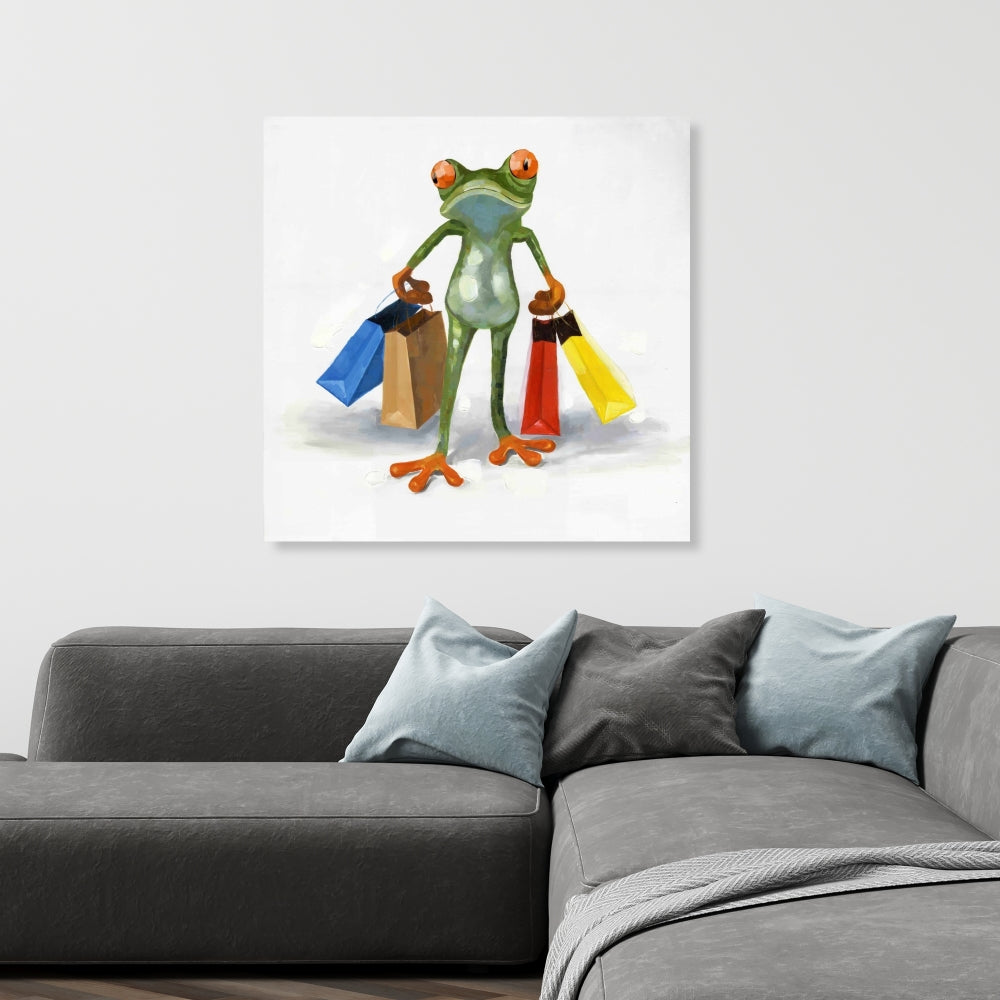 Funny Frog With Shopping Bags - Fine Art Gallery Wrapped Canvas 24x36
