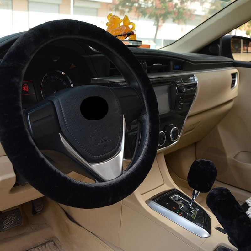 Universal Plush Car Steering Wheel Cover Winter Set - 3-Piece Fur Car Interior Accessories