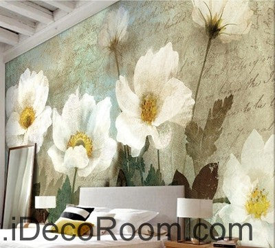 Retro White Flowers Wallpaper - Premium Wall Decals for Home Decor