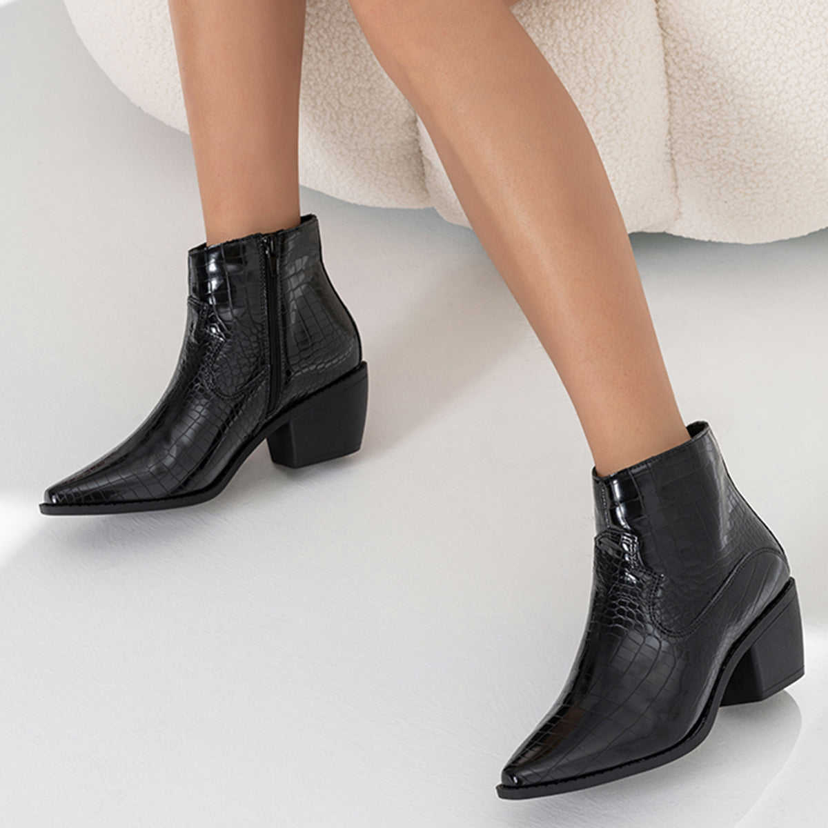 Black Western Ankle Boots with Side Zipper and Chunky Block Heel