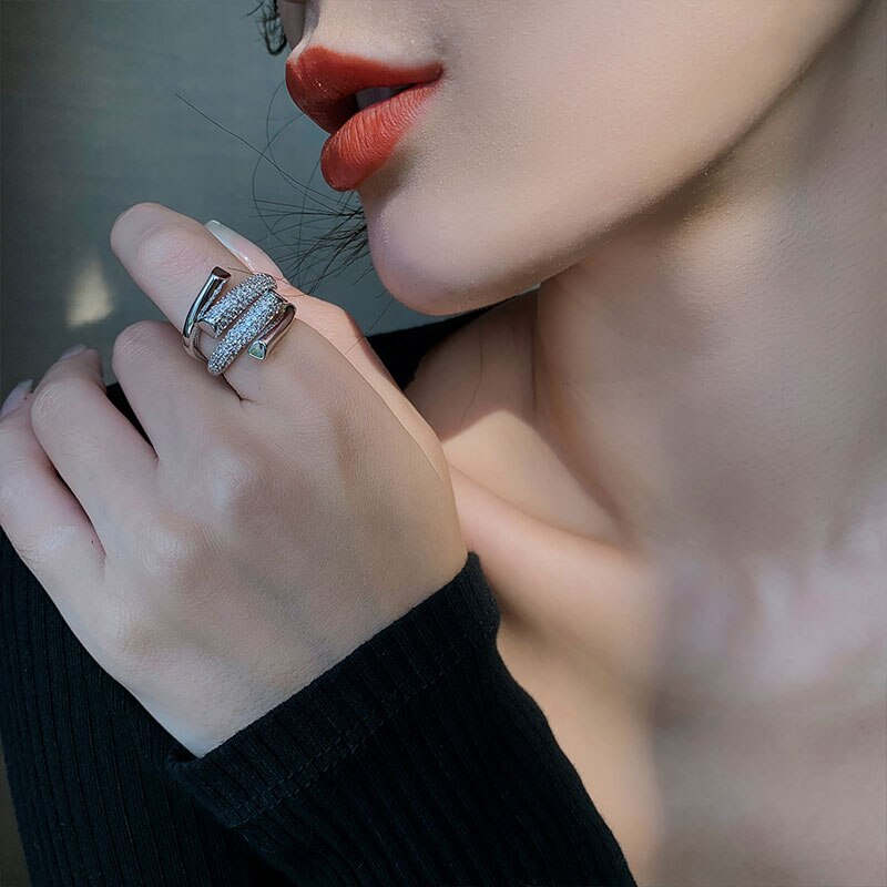 Exquisite AAA Zircon Double Layer Cross Ring for Women - Adjustable Cocktail Party Ring