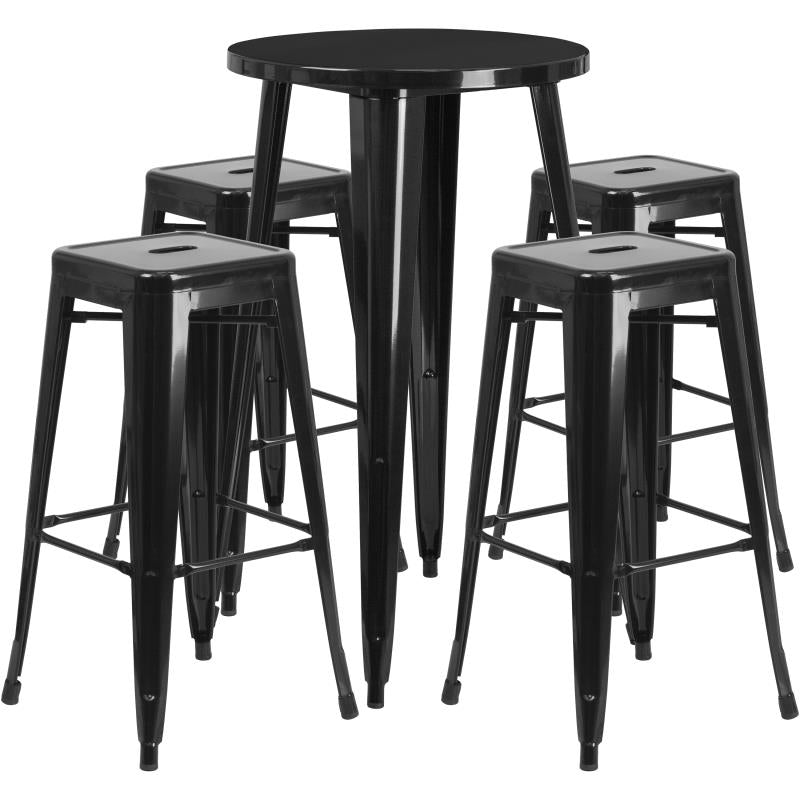 Flash Furniture Ormsby Commercial Grade 24 Round Black Metal Indoor-Outdoor Bar Table Set with 4 Square Seat Backless Stools