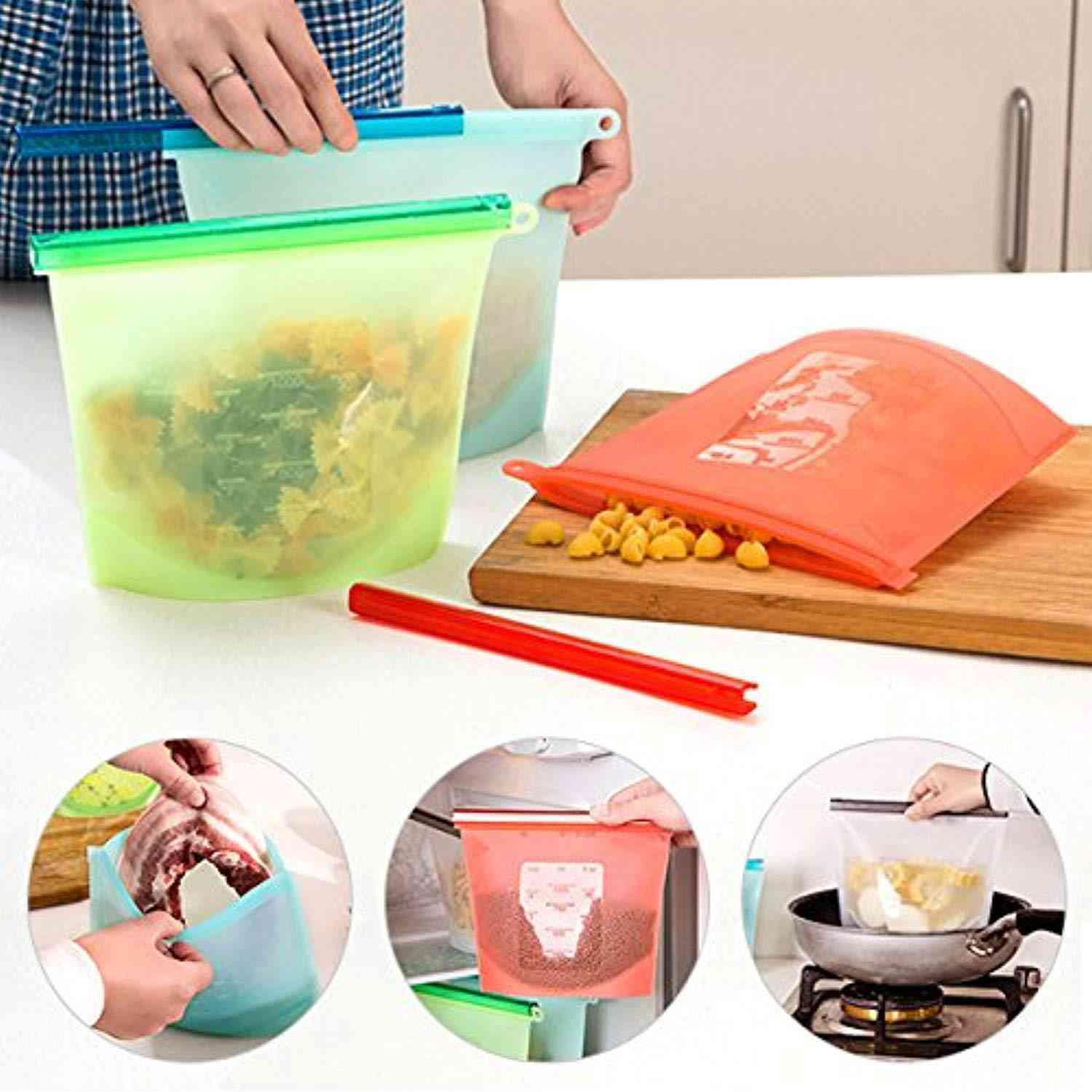 Reusable Food Preservation Bags - 4 PCS, Airtight Silicone Storage for Refrigerator & Microwave