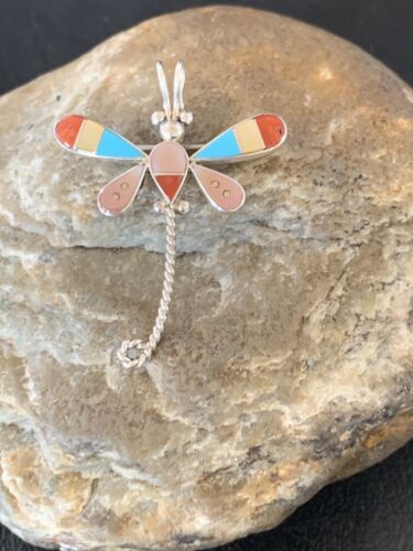 Handmade Zuni Turquoise and MOP Dragonfly Sterling Silver Pendant Necklace