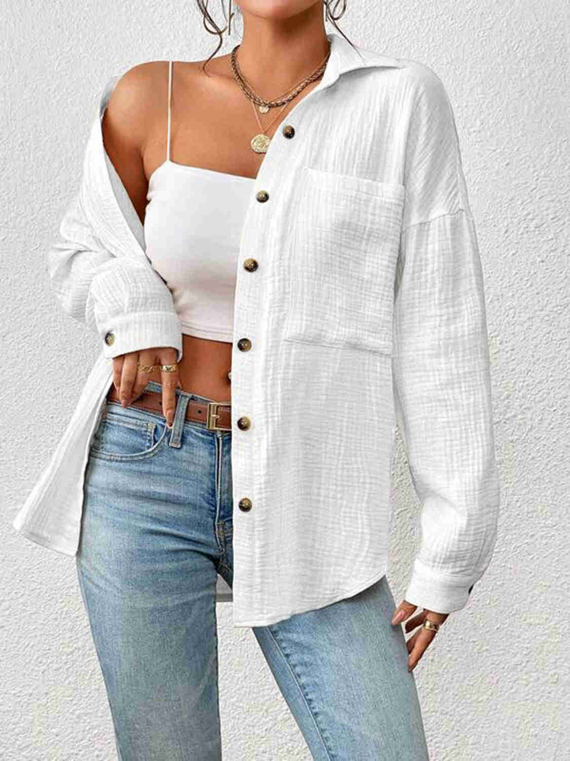 Textured Drop Shoulder Shirt Jacket - 100% Cotton