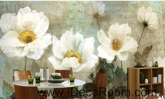 Retro White Flowers Wallpaper - Premium Wall Decals for Home Decor