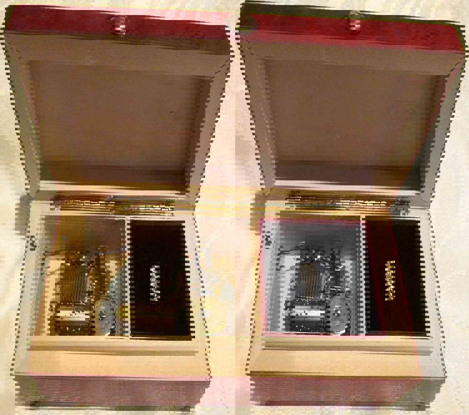 Reuge Music Box Italian Inlaid Burl Wood Swiss Movement Ring Jewelry Box