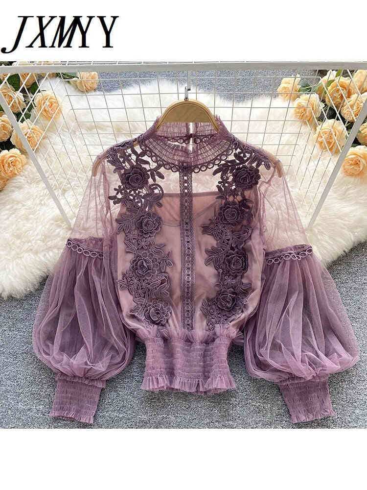 imCharms Design Niche Three-Dimensional Flower Collage Lantern Sleeves Slim Short Top Womens Lace Bottoming Shirt