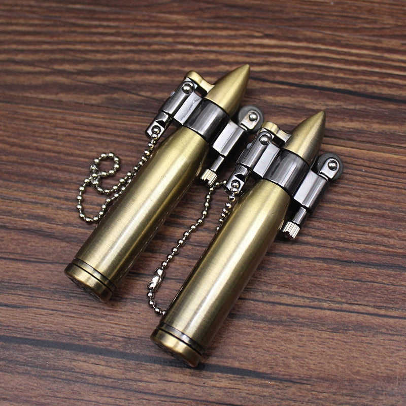 Retro Bullet Grinding Wheel Kerosene Lighter Metal Keychain for Cigar and Cigarette Smoking Accessories