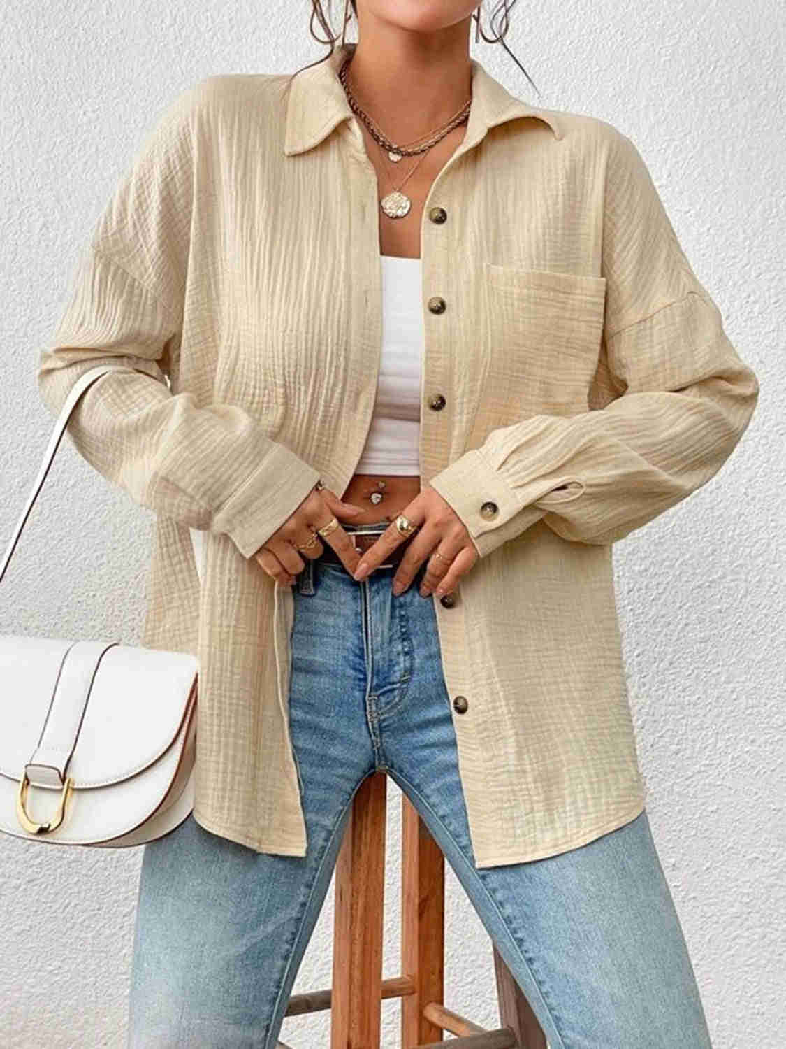 Textured Drop Shoulder Shirt Jacket - 100% Cotton