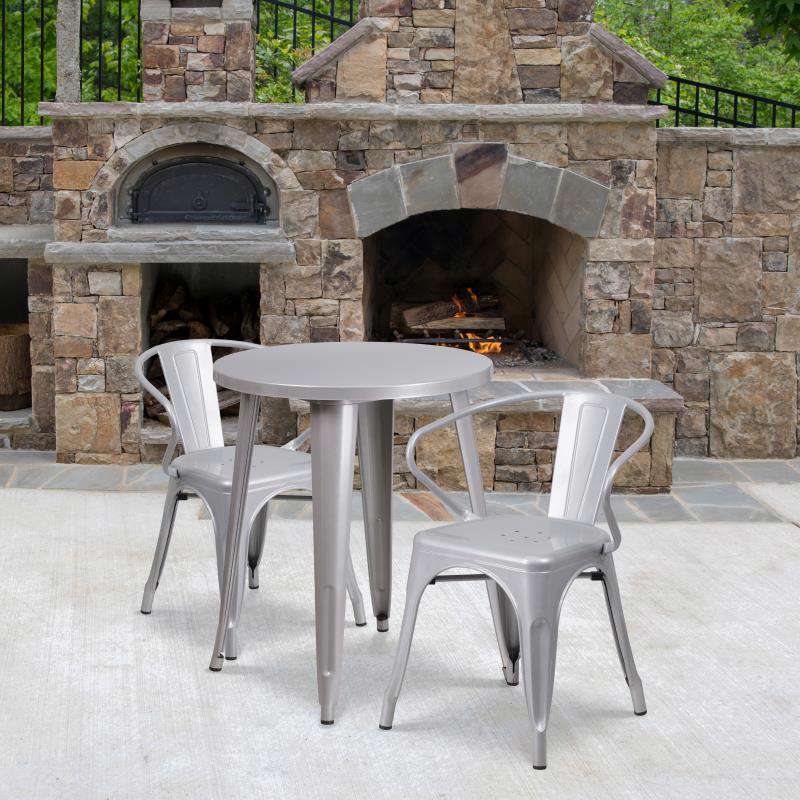 Flash Furniture Napoleon Commercial Grade 24 Round Silver Metal Indoor-Outdoor Table Set with 2 Arm Chairs