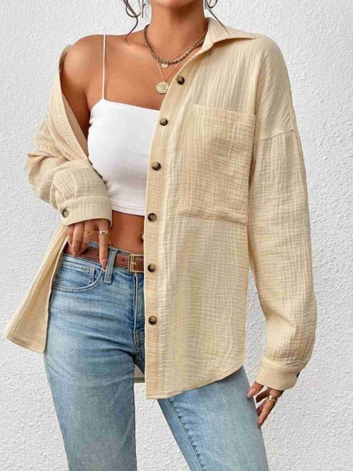 Textured Drop Shoulder Shirt Jacket - 100% Cotton
